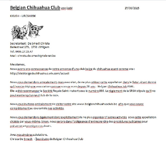 Souvenir Cheyenne - FAUX club belge du chihuahua ! Attention !! 